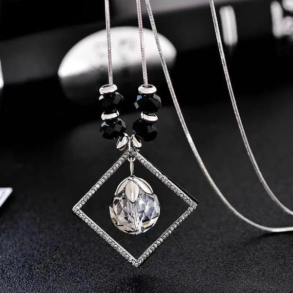 Hollow Square Pendant Necklace Antique Gold Silver Color Chain Zircon Ball Long Neckalce