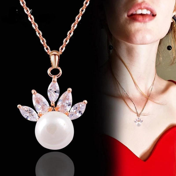 Korean Fashion Crystal Flower Pearl Pendant Stainless Steel Necklace For Women