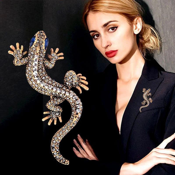 Unique Gecko Brooch Antique Gold Silver Color Inlay Crystal Blue Zircon Eyes Brooches For Women