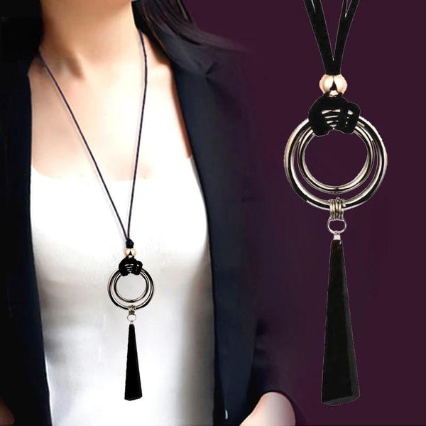 Vintage Gothic Black Suede Leather Long Rope Necklace for Women