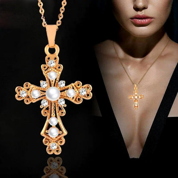 Vintage Baroque Simulated Pearl Hollow Cross Stainless steel Pendant Necklace Gold Color Chain