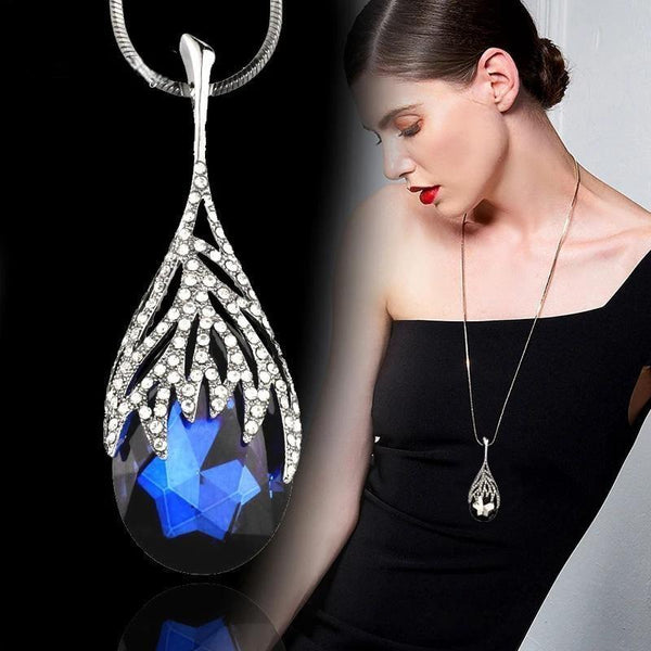 Fashion Waterdrop Shaped Big Pendant Necklace With Blue Cubic Zirconia Jewelry For Women