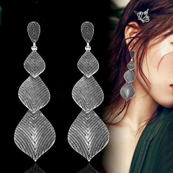 Vintage Long Leaf Drop Earrings Hanging Antique Silver Color Statement Earrings For Women