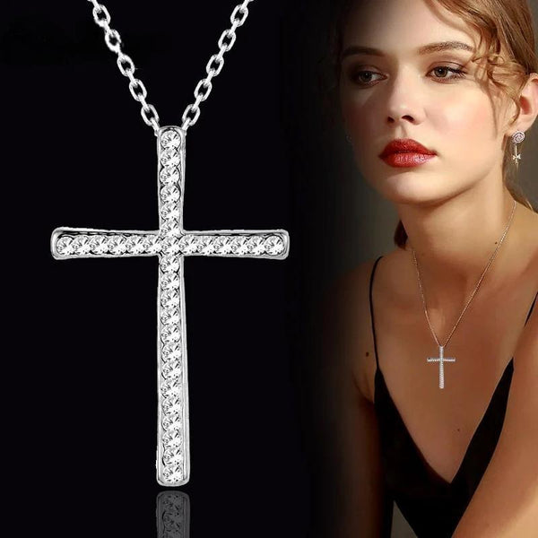 Silver Color Rhinestone Cross Stainless steel Pendant Necklace Chain For Women And Girl