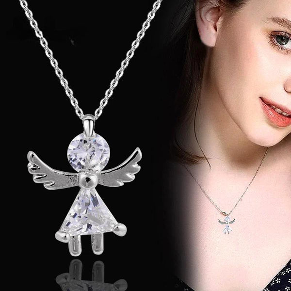 Romantic Cubic Zircon Angel Wings Girl Pendant Necklace