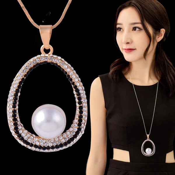 Shining Big Circle Pendant Necklace Silver Color Long Chain Full Tiny Crystal Long Neckalce