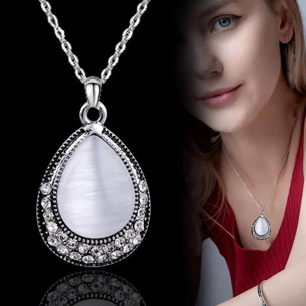 Waterdrop Black White Opal Pendant Necklace For Women