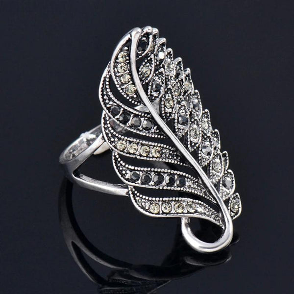 Trend Vintage Black Cubic Zircon Hollow Leaf Big Rings For Women