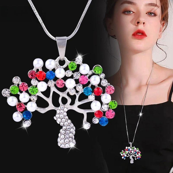 Shining Rhinestone Imitation Pearl Tree Pendant Long Necklace For Women