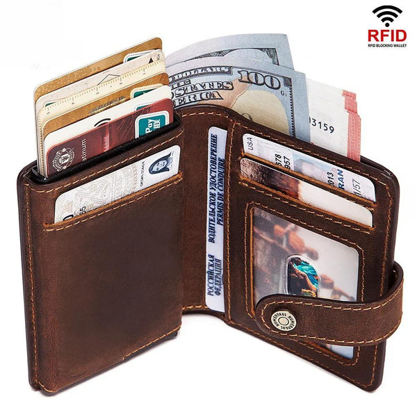 Crazy Horse Leather Mens Wallet with RFID Blocking Card Holder Mini Metal Pop Up Wallets