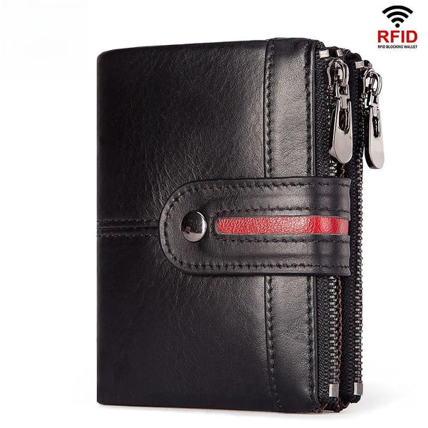 Genuine Leather Mens Casual Wallet RFID Blocking Credit Card Holder with Zipper Coin Pocket