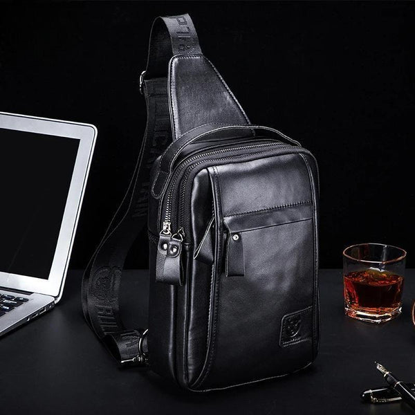 Genuine Leather Men's Chest Bag Multi Function Bag Can Accommodate 7.9 Inch IPai Pocket