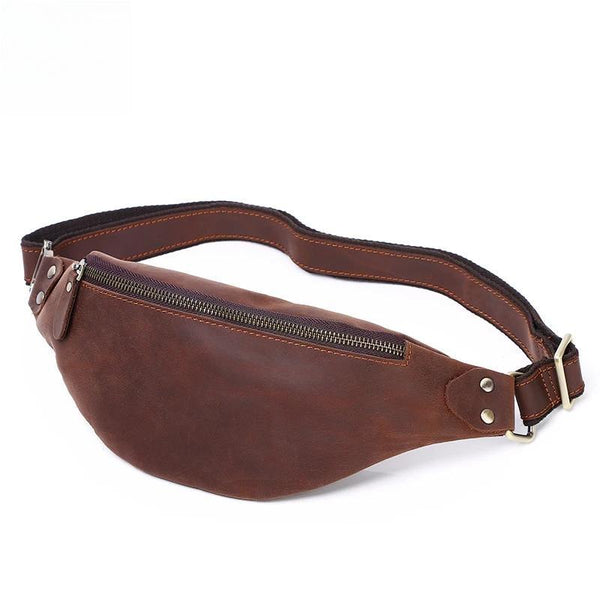 Genuine Leather Fanny Pack For Men Vintage Crazy Horse Leather Zipper Waist Bag