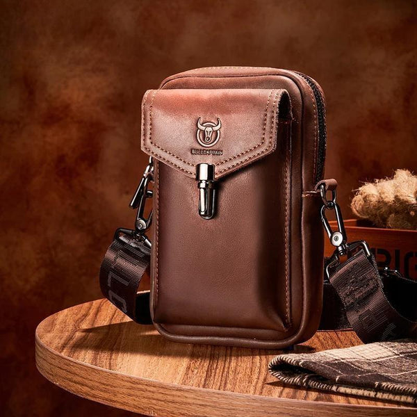 Crazy Horse Leather Men's Waist Bags Multifunctional 7-inch Mobile Phone Bag