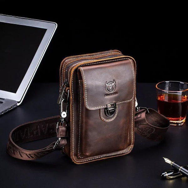 Crazy Horse Leather Male Waist Pack Phone Pouch Bags Waist Bag