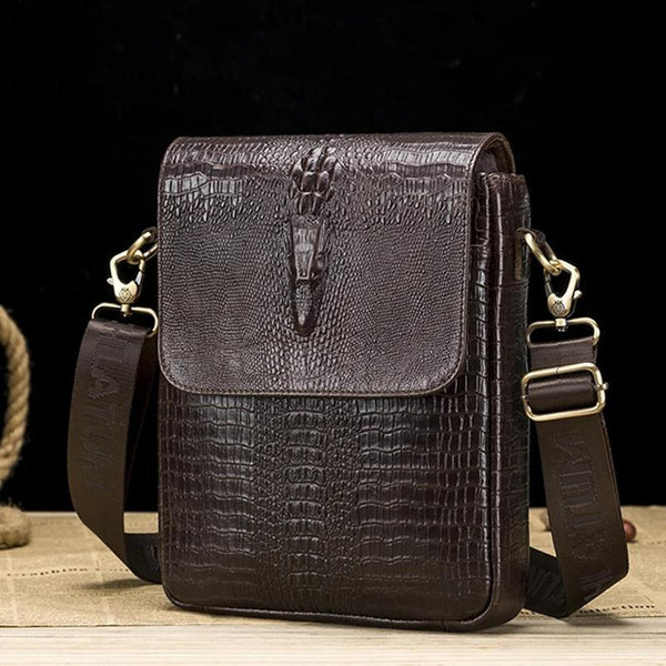 Genuine Leather Daily Casual Shoulder Bag for Men Dark Brown Vintage Cocrodile Pattern Messenger Bag