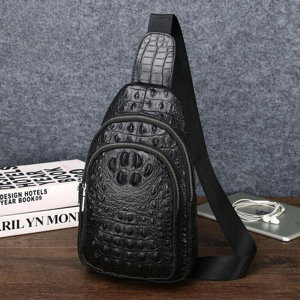 Cowhide Leather Men Crocodile Grain Fashion Black Multifunctional Leather Chest Bag