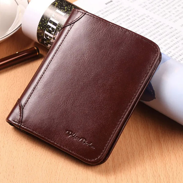 DENIM Genuine Leather RFID Wallet Men Red Brown Vintage Purse Card Holder