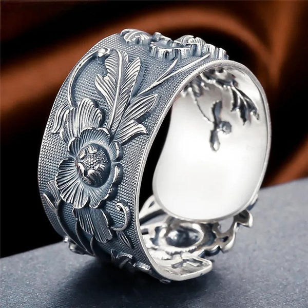 Retro Peony Flower 990 Sterling Silver Rings for Women