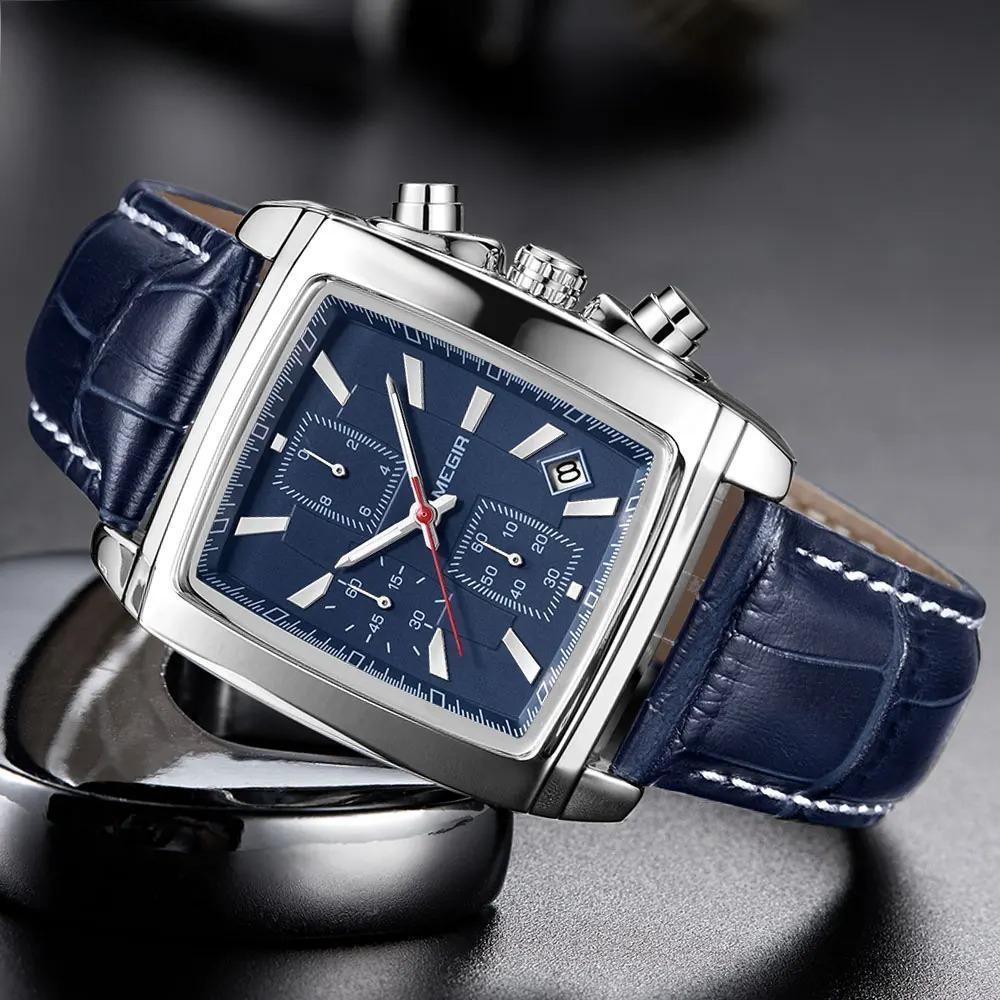 Rectangle Dial Leather Strap Watch for Men Casual Blue chronograph quartz watches Man Wristwatch