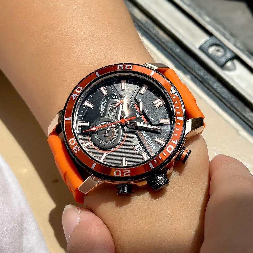 Orange Sport Watch for Men Fashion Waterproof Silicone Strap Chronograph Quartz Wristwatch