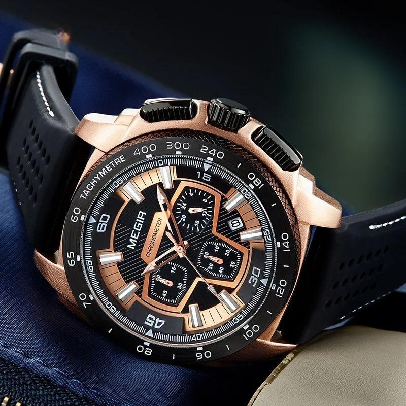 Males Mens Chronograph Sport Watches with Quartz Movement Rubber Band Luminous Wristwatch