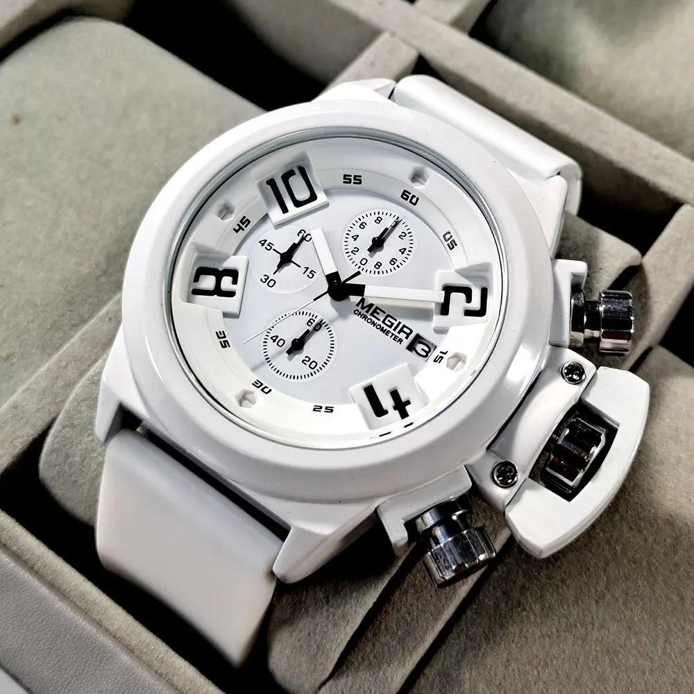 Military Sport Watches Men White Silicone Strap Chronograph Quartz Wristwatch