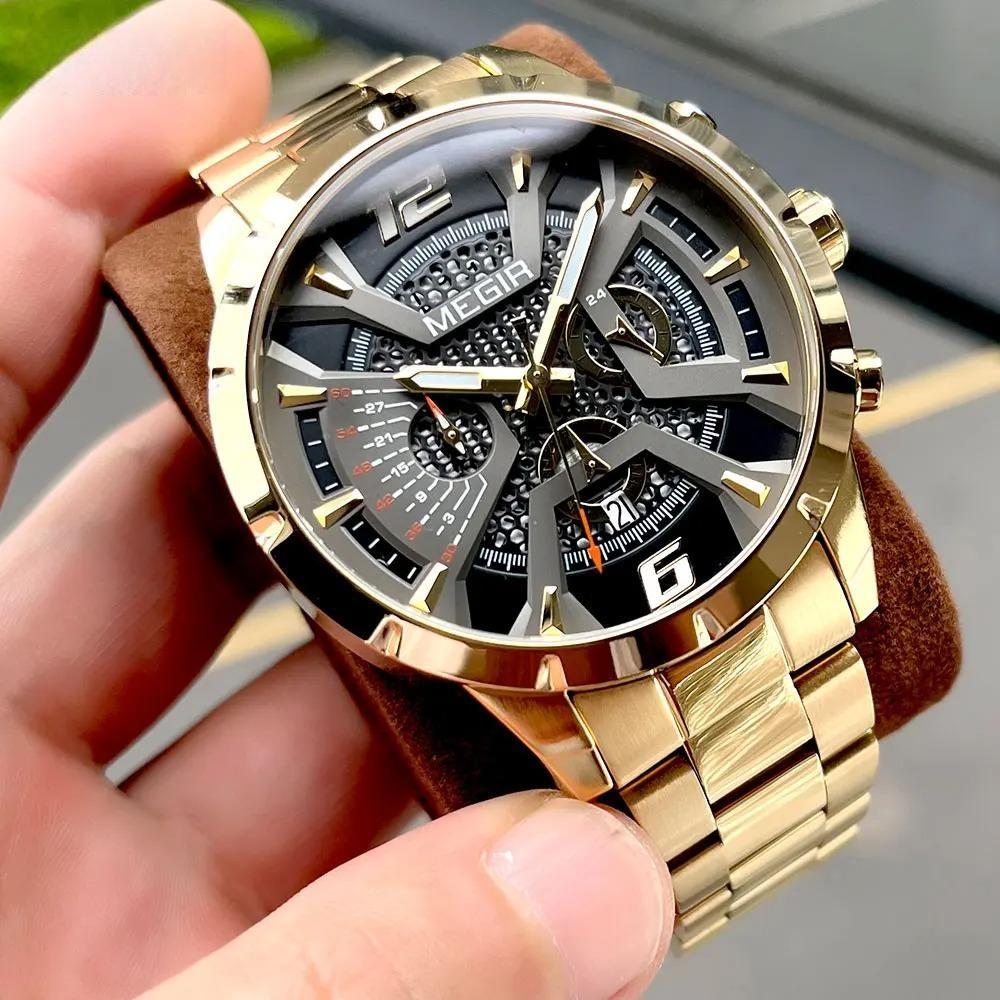 Gold Dress Quartz Watch for Men Fashion Waterproof Chronograph Analog Wristwatch