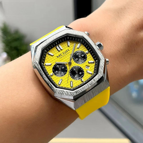 Yellow Sport Watch Men Military Sport Chronograph Quartz Wristwatch