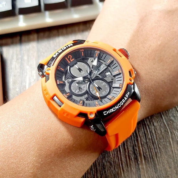 Orange Sport Watches for Men Fashion Waterproof Luminous Chronograph Quartz Wristwatch