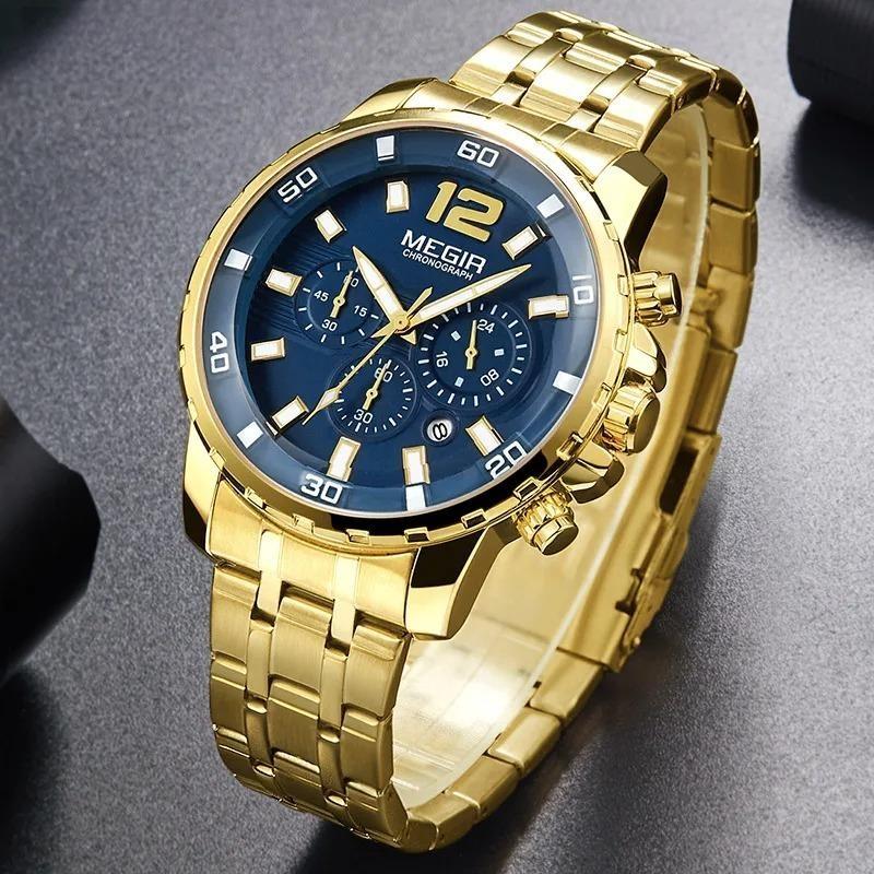 Men's Gold Stainless Steel Quartz Watches Business Chronograph Analgue Wristwatch for Man