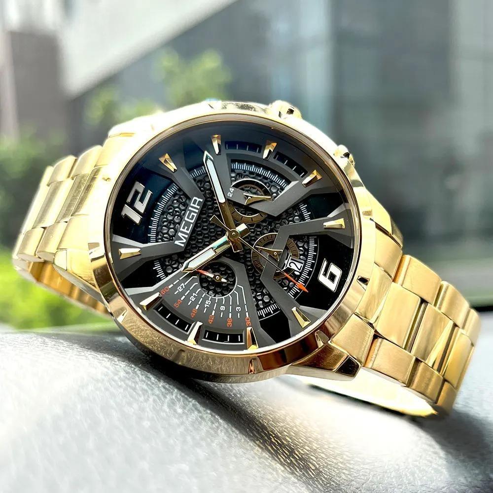 Gold Dress Quartz Watch for Men Fashion Waterproof Chronograph Analog Wristwatch