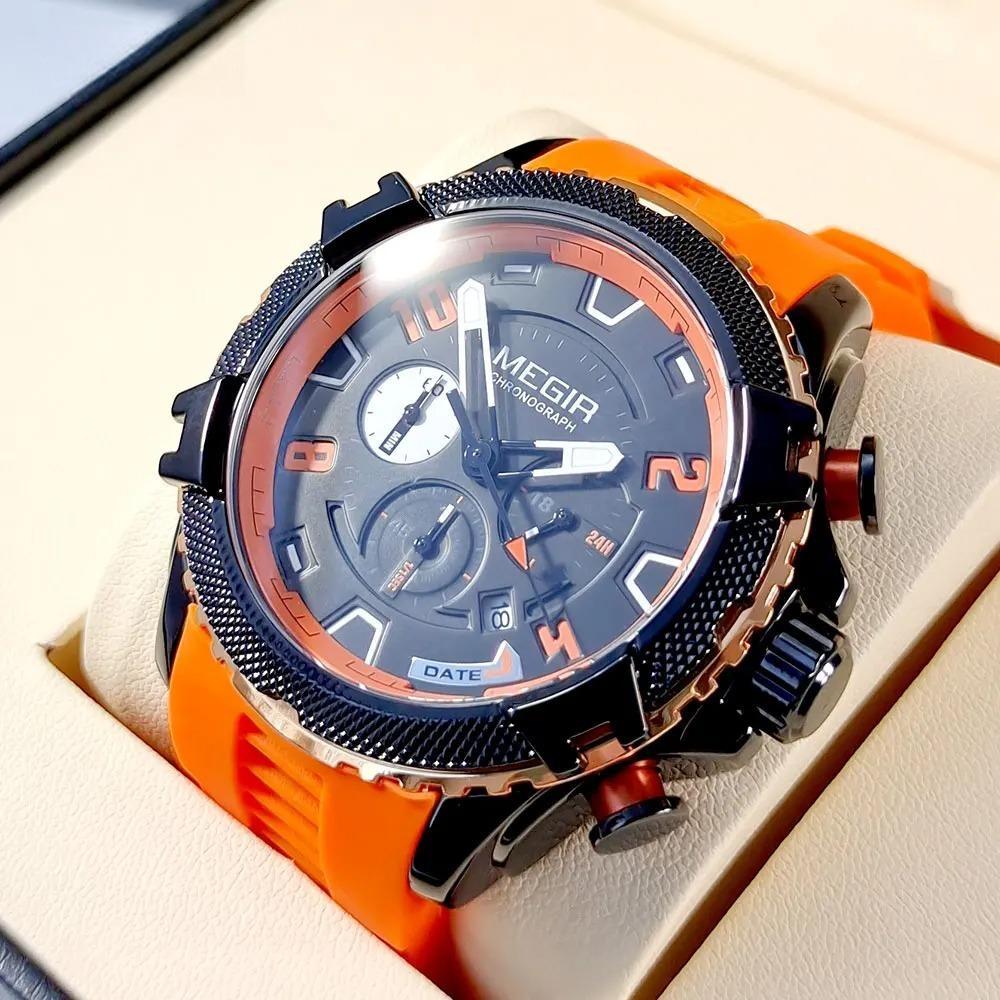 Fashion Watch for Men Orange Silicone Strap Sport Chronograph Quartz Wristwatch