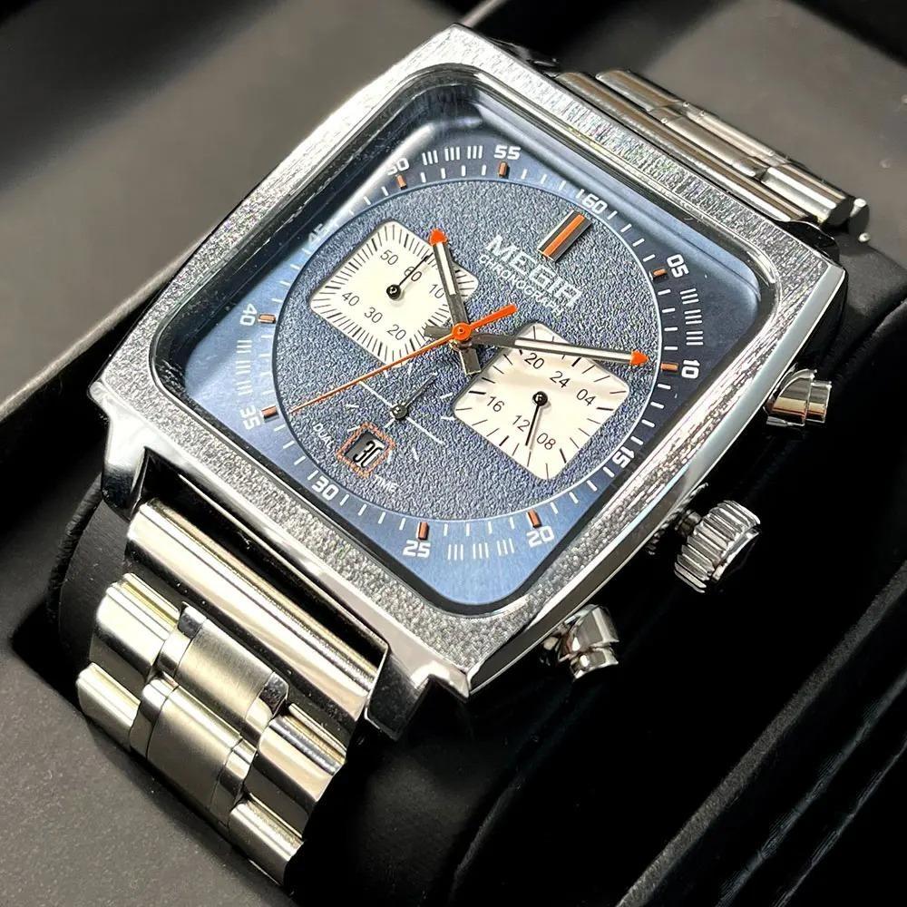 Sport Quartz Watch Men Silver Blue Chronograph Dress Wristwatch