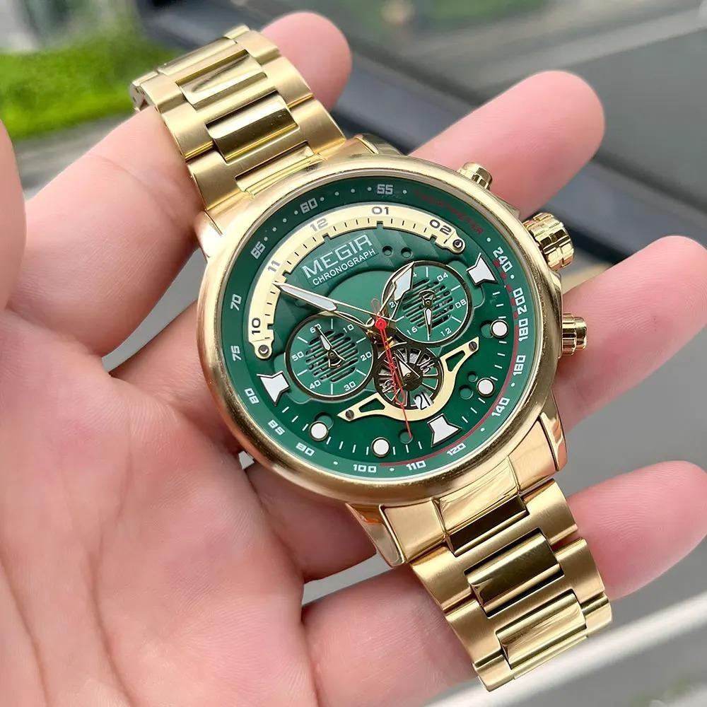 Gold Green Quartz Watch for Men Fashion Stainless Steel Chronograph Luminous Wristwatch