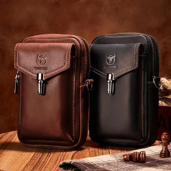 Crazy Horse Leather Men's Waist Bags Multifunctional 7-inch Mobile Phone Bag