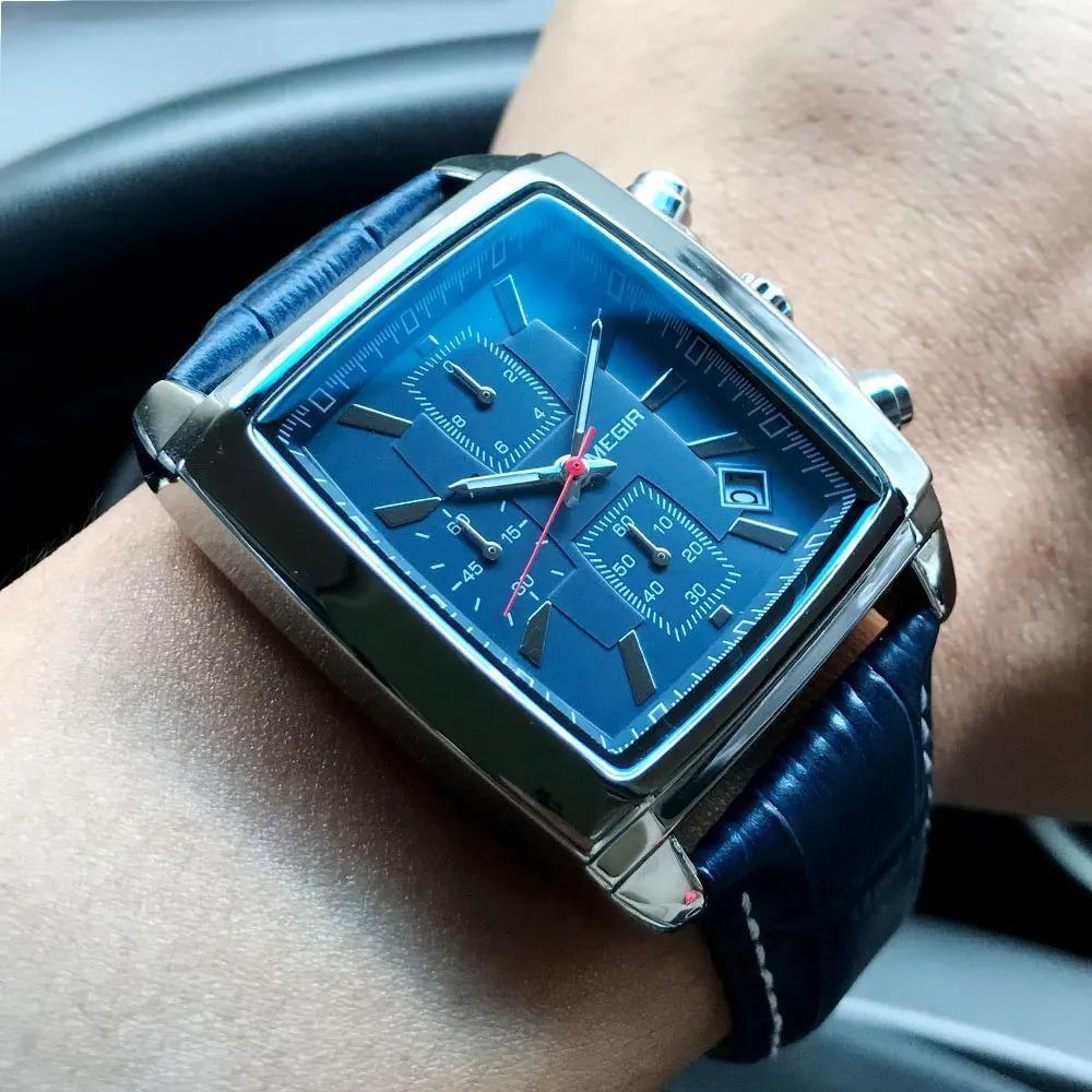 Rectangle Dial Leather Strap Watch for Men Casual Blue chronograph quartz watches Man Wristwatch