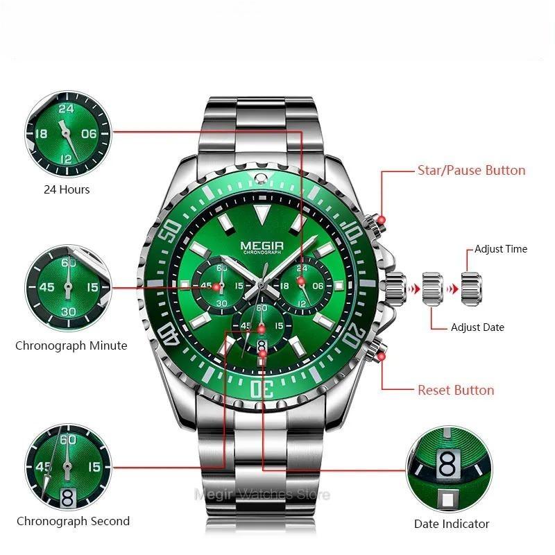 Men's Chronograph Quartz Watches Stainless Steel Waterproof Lumious Analogue 24-hour Wristwatch for Man