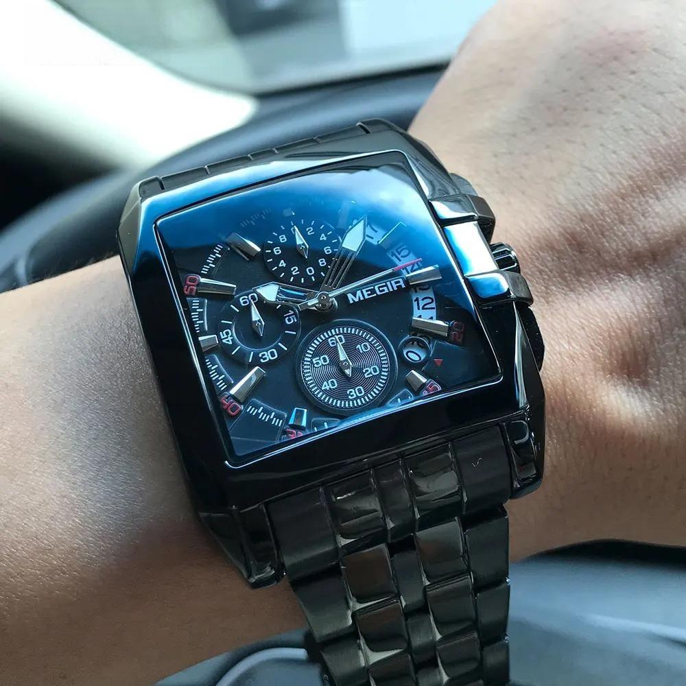 Full Black Watches Men Luxury Chronograph Quartz Watch for Man Square Dial Luminous Wristwatch