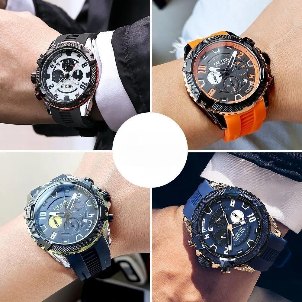 Fashion Watch for Men Orange Silicone Strap Sport Chronograph Quartz Wristwatch