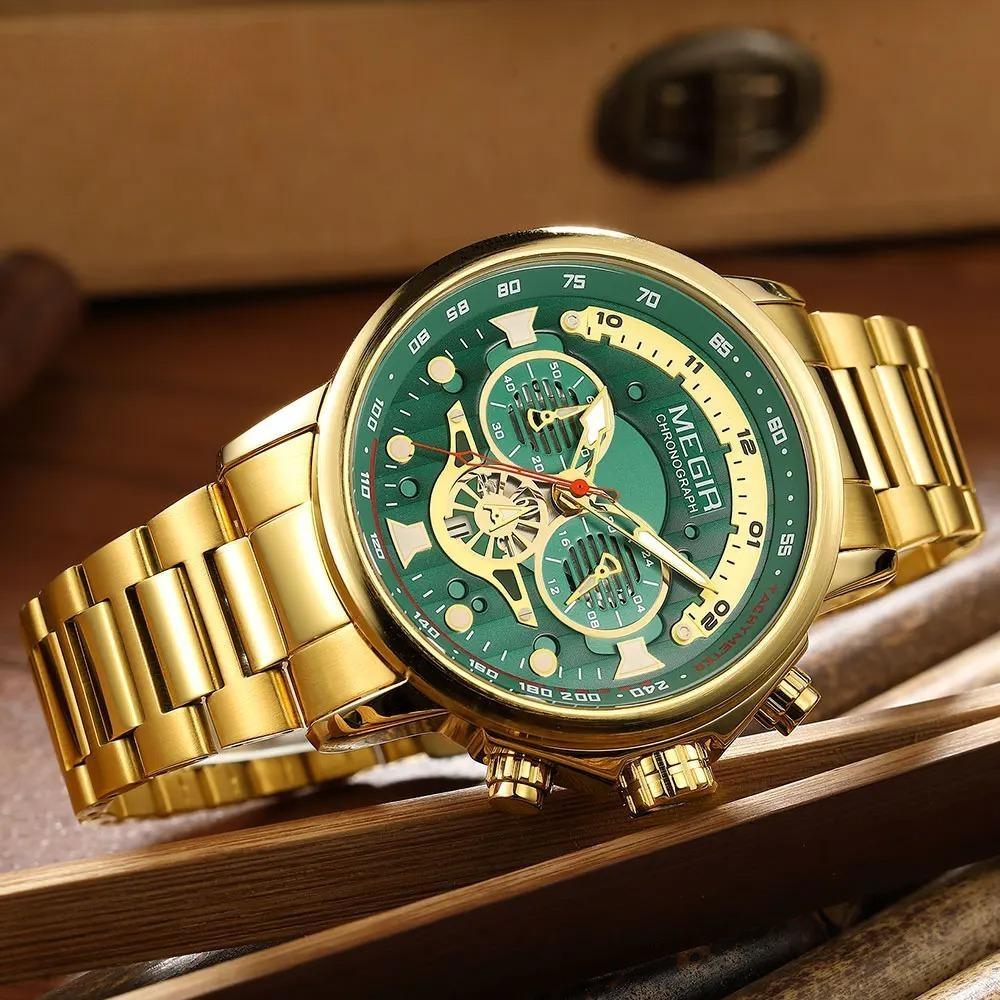 Gold Green Quartz Watch for Men Fashion Stainless Steel Chronograph Luminous Wristwatch