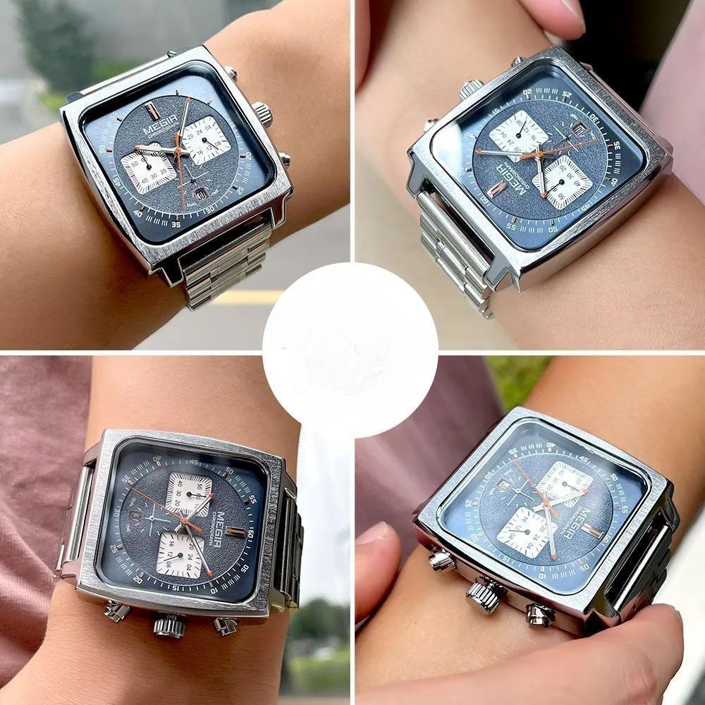 Sport Quartz Watch Men Silver Blue Chronograph Dress Wristwatch