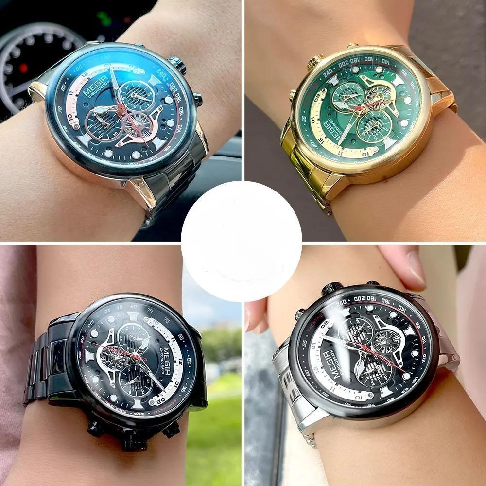 Gold Green Quartz Watch for Men Fashion Stainless Steel Chronograph Luminous Wristwatch