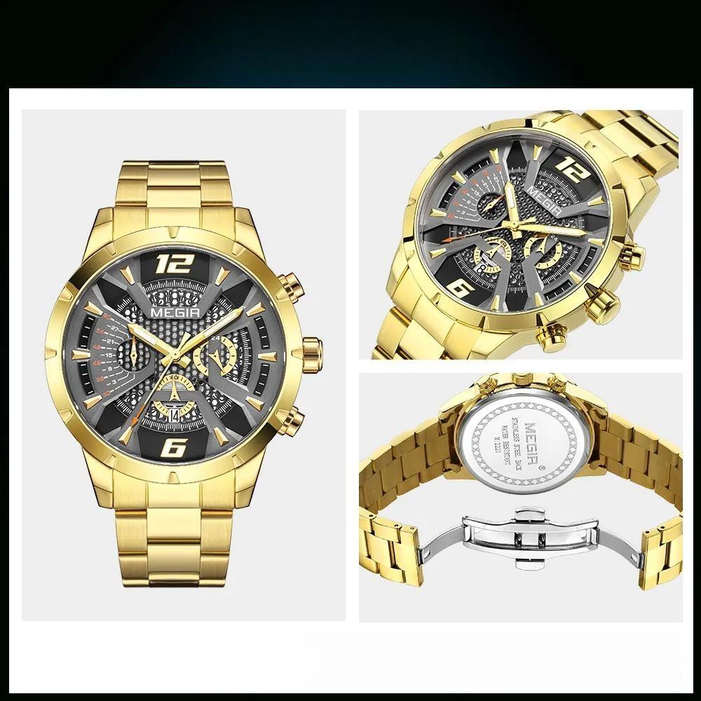 Gold Dress Quartz Watch for Men Fashion Waterproof Chronograph Analog Wristwatch