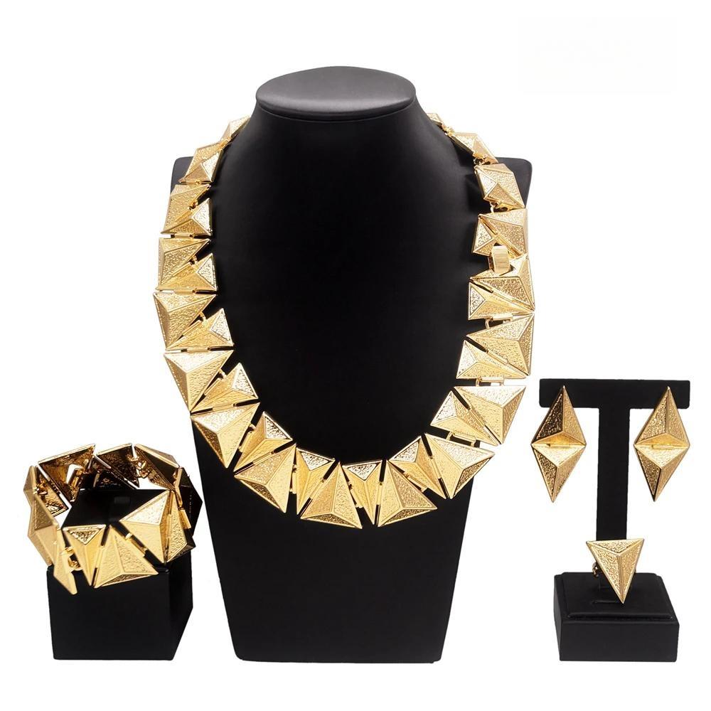 Woman Jewelry Set Italian Gold Plated Big Necklace Bracelet Ring