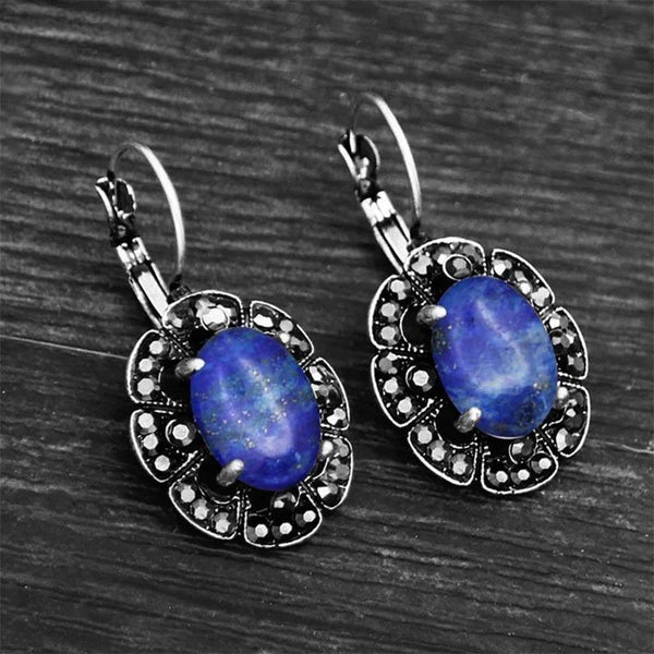 Vintage Plumflower Natural Lapis Lazuli Rhinestone Earrings For Women