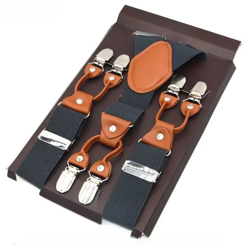 Men's Suspenders Leather Braces Y-back Shape Elastic Mens Trouser 6 Clips