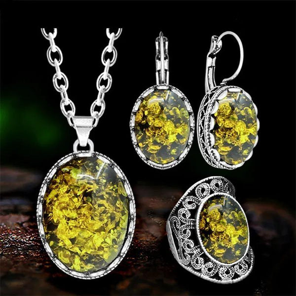 Vintage Flower Pendant Simulated Ambers Jewelry Sets For Women