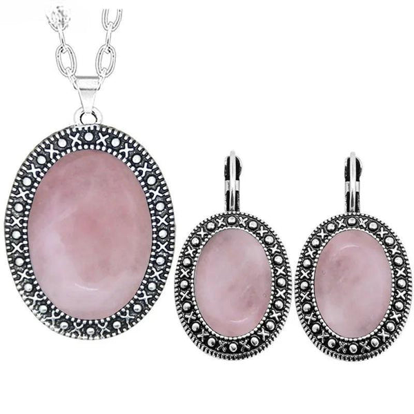 Oval Pink Quartz Necklace Earring Jewelry Set For Woman