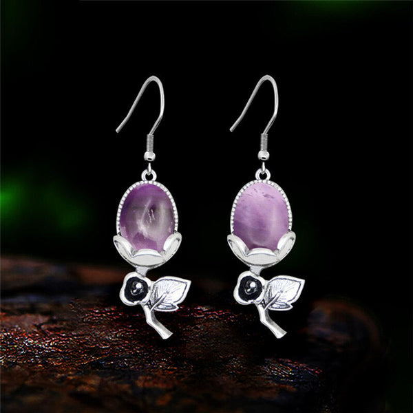 Natural Stone Amethysts Quartz Rose Flower Pendant Earrings For Women